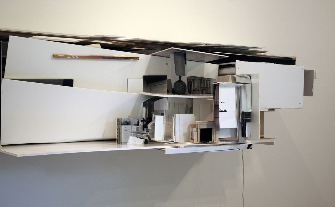 Photographs, foam core, cardboard, wood and miniature furniture built into large architectural -like model